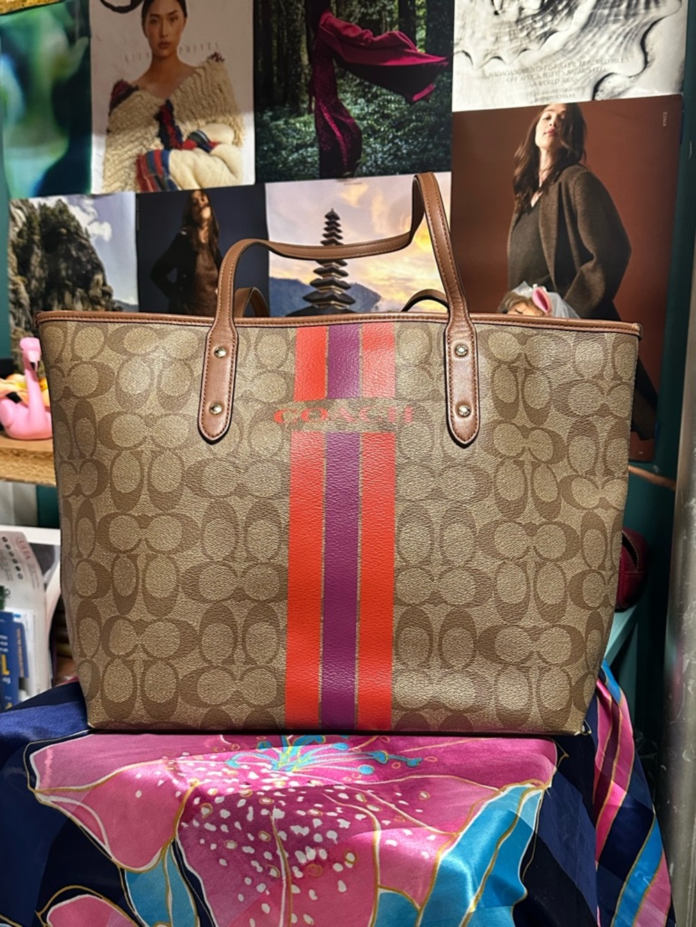 Coach Brown Signature Tote with Red and purple Stripes